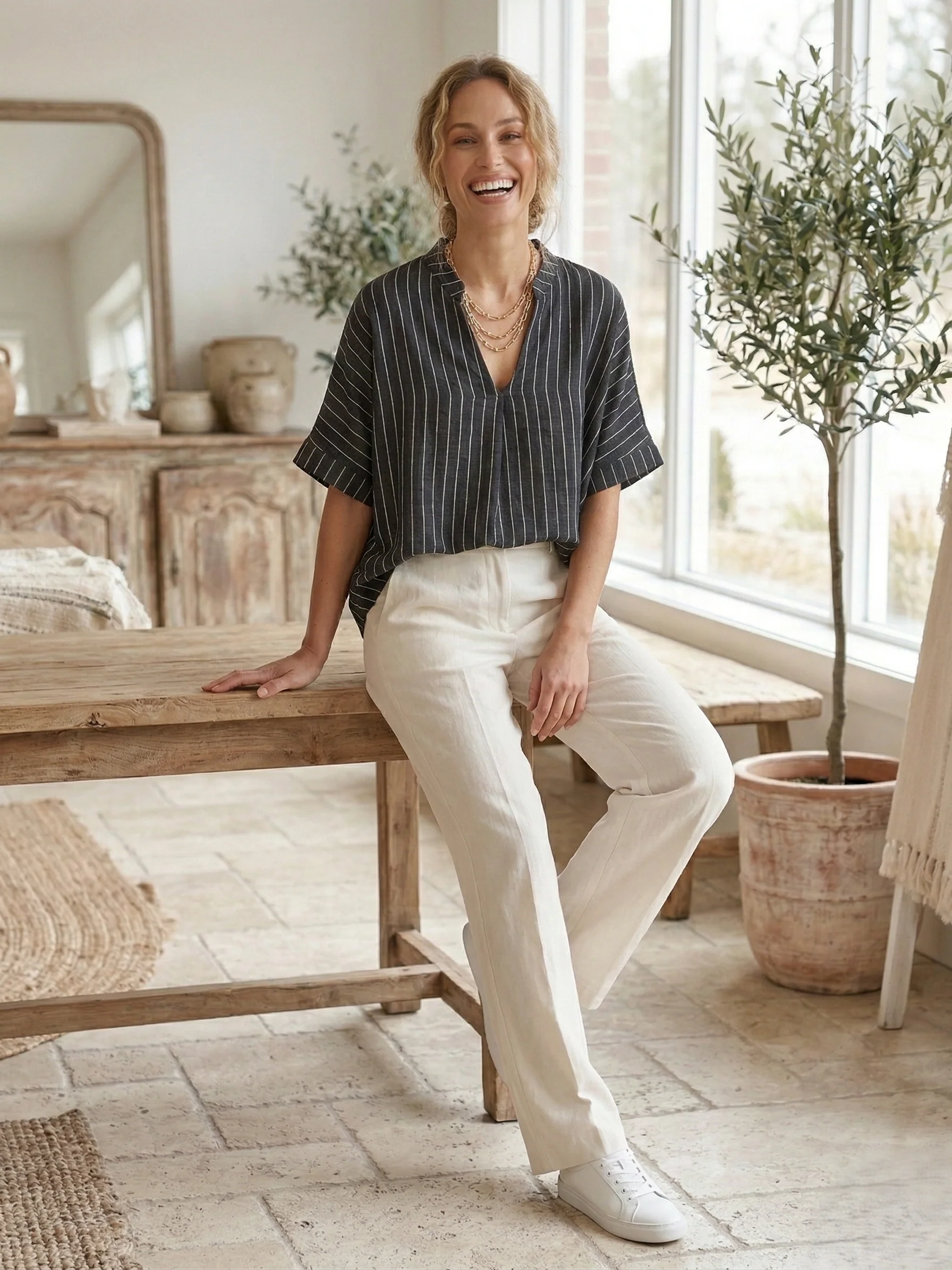 Coastal Ease Linen Top with Stripes - Image 2